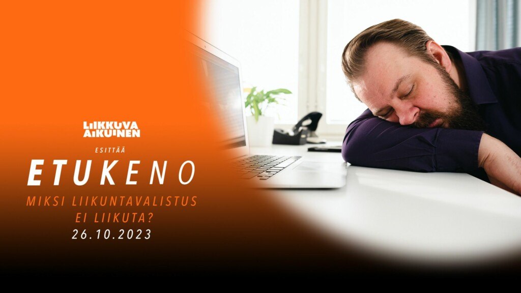 Etukeno-verkkotapahtuman 26.10.2023 mainoskuva, jossa mies nuokkuu työpöydän ääressä.