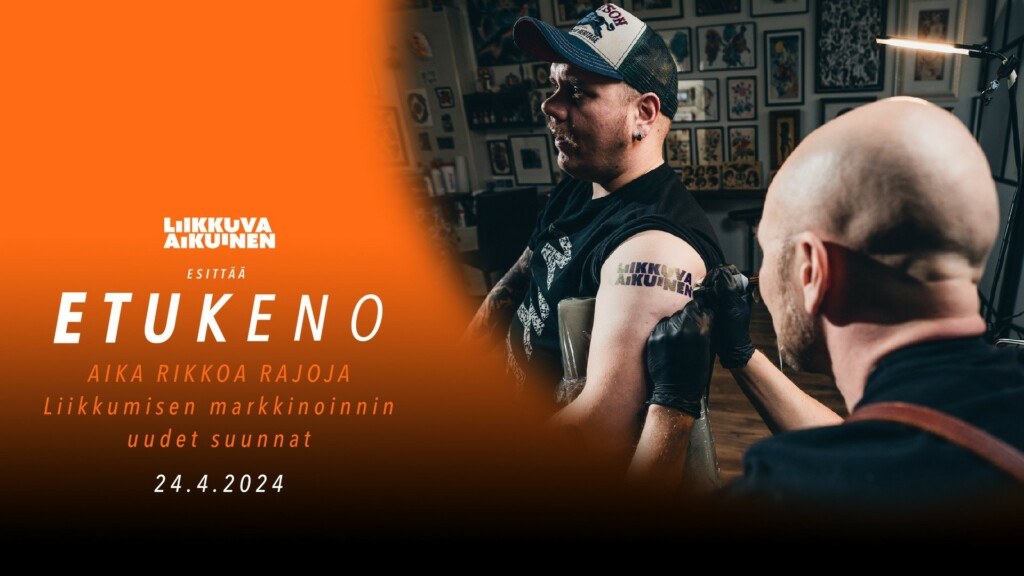 Etukeno-verkkotapahtuman mainoskuva, jossa miehelle tatuoidaan olkapäähän Liikkuva aikuinen -tatuointia.