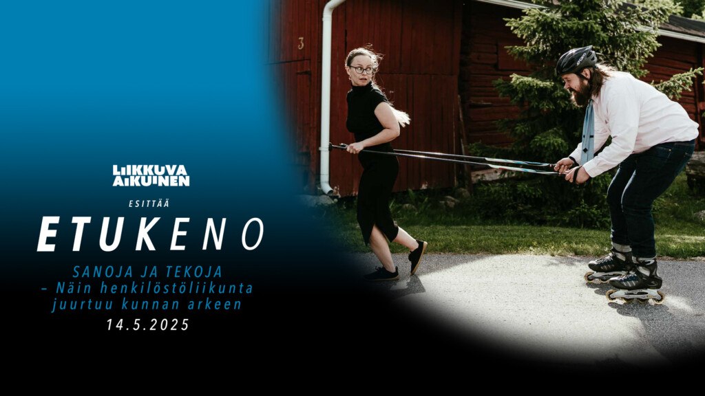 Etukeno-verkkotapahtuman 14.5.2025 mainoskuva, jossa nainen vetää rullaluistimilla liikkuvaa miestä sauvojen avulla perässään.